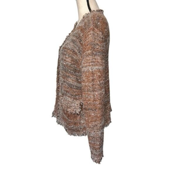 Sioni Womens Open Front Brown White Frayed Hem Textured Cardigan w/ Sequins - Picture 2 of 13